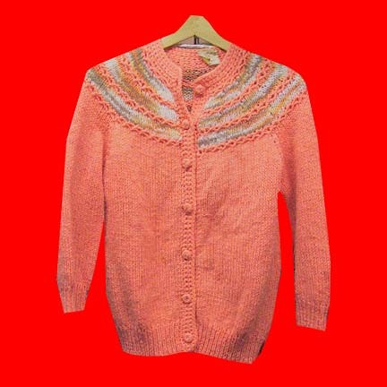 Hand knit bright Orange with White and Brown tone neck band covered button front Women's sweater