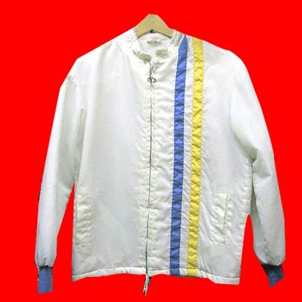 Great Lakes flock lined White with Yellow and Blue racing strip zipper front jacket