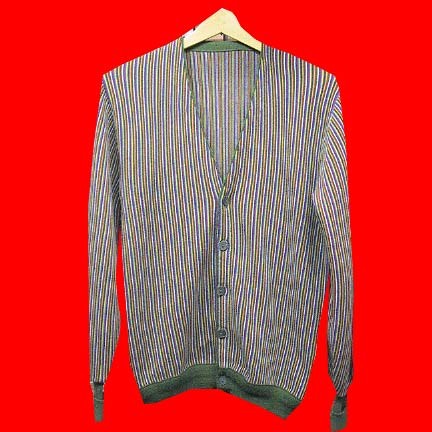 Multi color stripe with green trim and waist Man's button front cardigan sweater