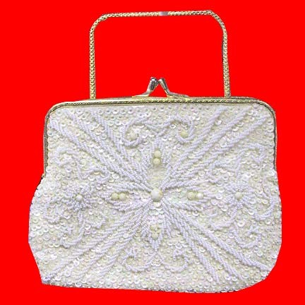 Richere Gold top frame with large flower design center mini seed pearl beaded and sequined purse with metal handle