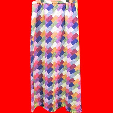 Slanted crazy quilt rectangles in bright colors 70's full length skirt with thread tassle ends