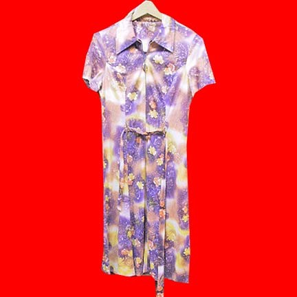 Bright Yellow White and Purple spray with Orange and Yellow Flowers 70's zipper front dress with belt and pull accents