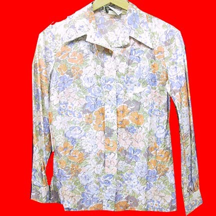 Fountain Square iridescent Peach covered with light pastel colored flowers long sleeve blouse