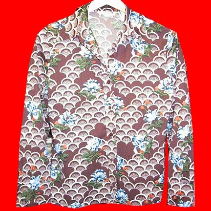 Personal Brown with White curved fans and large Blue flowers long sleeve 70's blouse