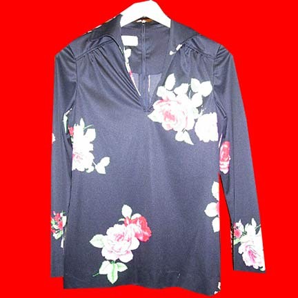 The Collection Ltd. Black with occasional Large Pink and Red blooming flowers with leaves long sleeve "v" neck blouse