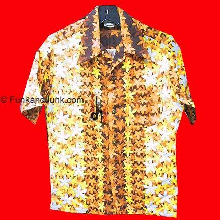 Made in Hawaii Yellow White Orange and Brown overlapped flower pattern shirt