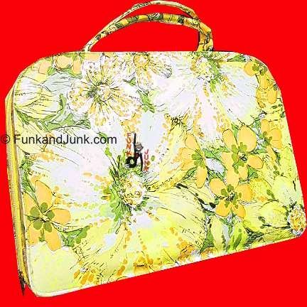 Yellow and Orange Flower pattern Tolin mfg. rectangular purse with large wrapped handles and zipper side mod bag