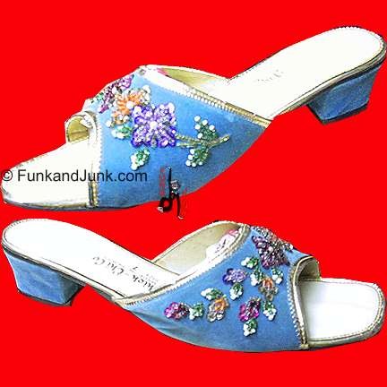 Chieh Chi Co Blue faux Suede Slides with beaded Flower band front sandals with short wrapped heel