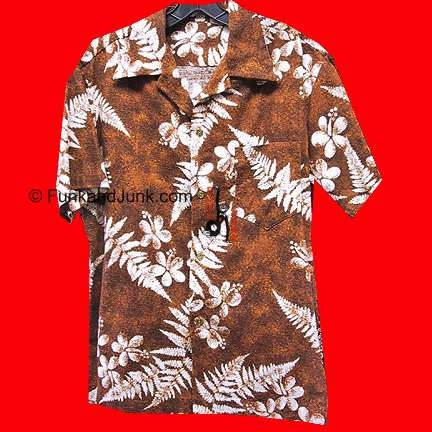 Brown or Rust with Tapa leaves and flowers near Barkcloth Hawaiian shirt with coin buttons