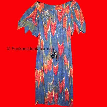 Designed by Tina Leser for Christina tie dye Batik look scoop neck summer dress with petal cut sleeves