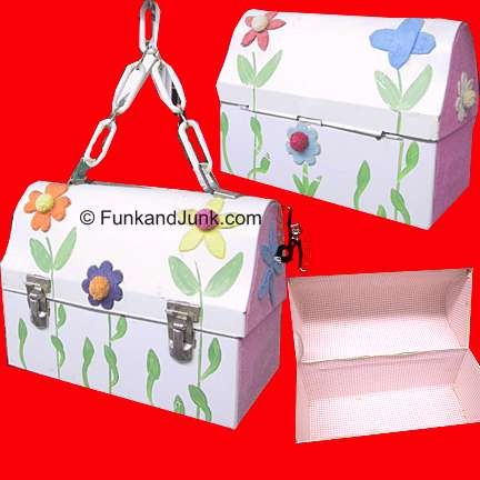 Lunch box purse with Felt decorations and Pom Pom raised Flowers and plastic chain handle lined with checkered paper