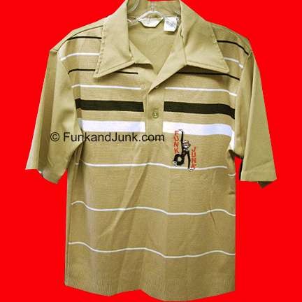 Made in California Tan 3 thin White horizontal stripe bottom and alternating Black and White stripe top knit short sleeve shirt