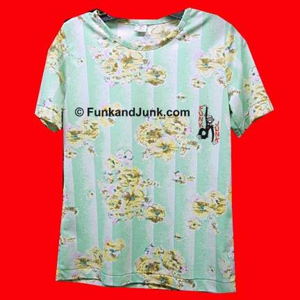 Polyester White with Green Spatterware with overlaid bunches of Yellow and Pink Flowers scoop neck short sleeve blouse