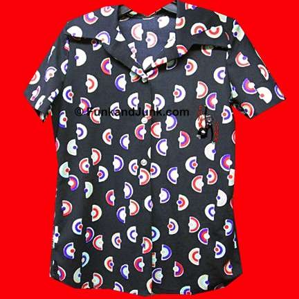 Black with sideways various color rainbow wedges short sleeve blouse