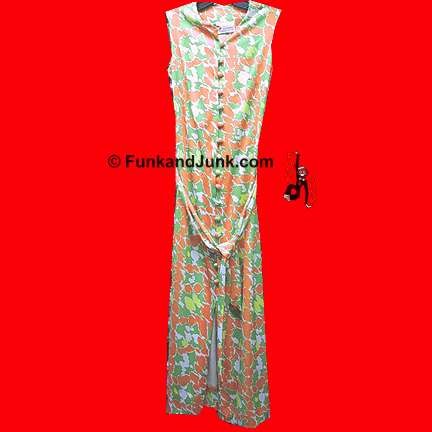 Key Windsor splash marks in neon Orange Green and Mustard Green and White full length 70s covered button front sleeveless dress