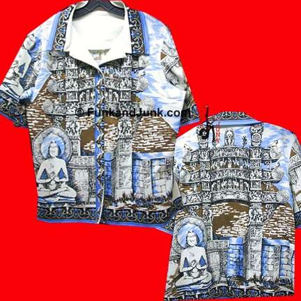 Buddhist temple in Brown and Blue full picture short sleeve top