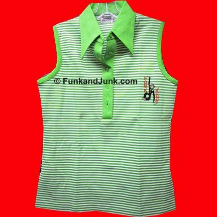 Made in Korea White with Mod Green vertical stripes and trim 1/2 button sleeveless top