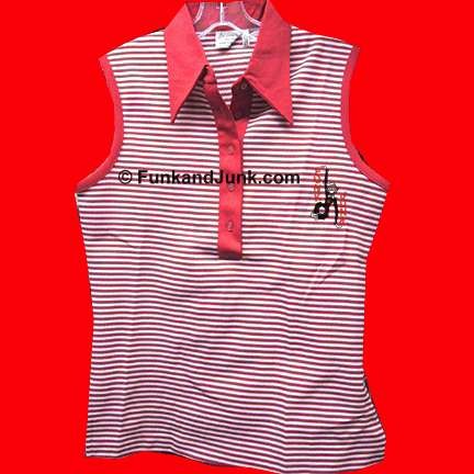 Made in Korea white with Red vertical stripes and trim 1/2 button sleeveless top