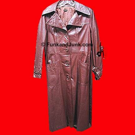 Made in Korean Red Brown full length Woman's Leather Trench coat with double v collar and belt