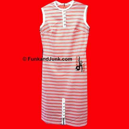 Peach and White Horizontal Striped with Large White loop Button top and front Slit Sleeveless Dress