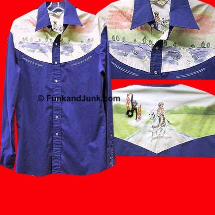 Kennington Rocking Ranchwear Blue with Painted Landscape and Cowboy on Horseback Western Long Sleeve Pearline Snap Shirt