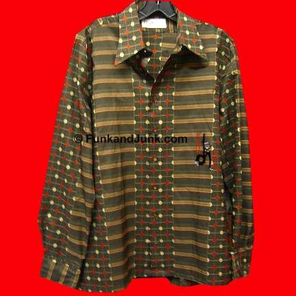 Oleg Cassini Brown with Brown and Tan Grid background with large Red and Tan Dots Long Sleeve Shirt