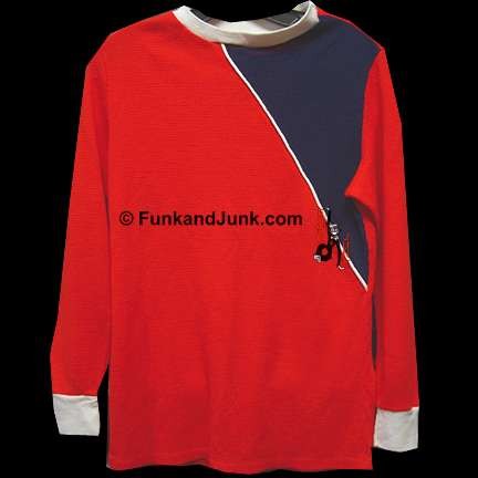 Red with vertical Blue triangle front and White trim neck and sleeve ends long sleeve Shirt