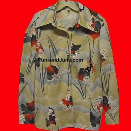 Scenic Marsh look background with repeated single Mod pattern flower on stem long sleeve Blouse