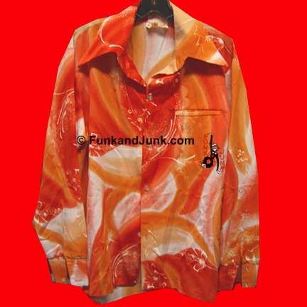 Sears Hawaiian fashion bright Orange with Swirls and White flowers scarce long sleeve Aloha shirt