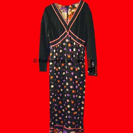 Domino Black with crossed Pink and Orange stripped cross chest and multi flower bottom full length dress