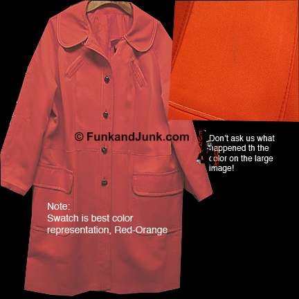 Bright Red Orange lightweight but lined full length coat with White edging on oversized hip pockets