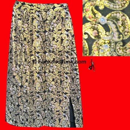 Saks Fifth Avenue Black with Metallic thread Gold with White large Amoebas Full Length Skirt with Slit side