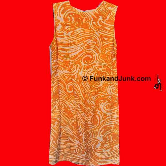 White with Orange Swirl design Linen 60's Sleeveless Dress