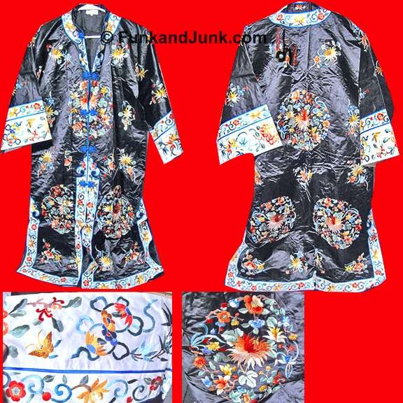 Peony Black with Floral disc and Scattered Florals Embroidered Asian Knot tie Dress with Robe +