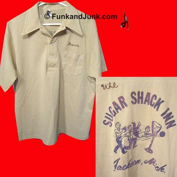 Olympian Tan Creme Bowling Shirt with Applied Sugar Shack Inn with Martini with Drink Glass with Stitched "Dave" & "Uhl"