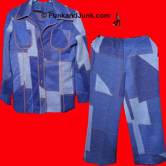 Faux Patchwork Denim Pants Suit