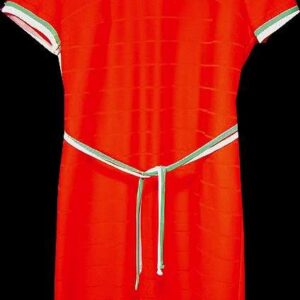 Back Bay Orange with Cut in Textured Horizontals with White and Green Collar and Cuff trim and Matching Double Belt Dress