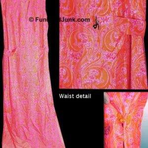 Pink with Orange flourished Swirls and Raspberry Flowers on Stems with Asian knot tied Side Slits Full Length Lounge Dress