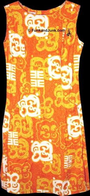 Lord and Taylor Sponged Orange with Lighter Orange & White Asian influenced Flourishes & Symbols Hawaiian Halter Dress