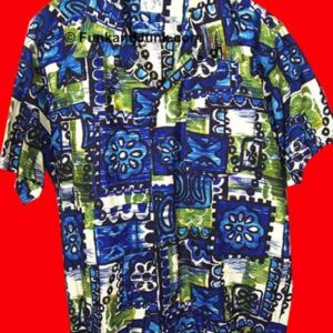 Amdigo Fiji Made Blue & Green Tapa Pattern near Barkcloth Hawaiian Shirt