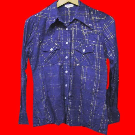 Blue with Gold raised lines western style cotton long sleeve blouse