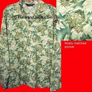 Montgomery Ward Green Pine Tree blocks with Overlaid groupings of Green and Rust Fanned Flowers or Leaves Long Sleeve Shirt