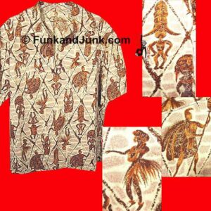 Stone Block Pattern with Overlay Brown Tapa Grid with Tikis Hula Girls and Hawaiian Kings in Diamonds Hawaiian Shirt