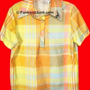 Lady Blair Orange Yellow Blue and Brown Varied Grid Pattern Short Sleeve 1/4 Button Top