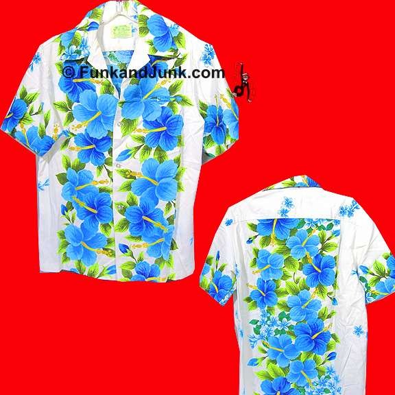 UiMaikai White with Large Blue Flowers and Leaves Panels and Sleeve Hawaiian Shirt