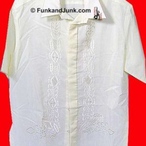 Pietra Off White Sheer Stitched Panel Guayabera Shirt