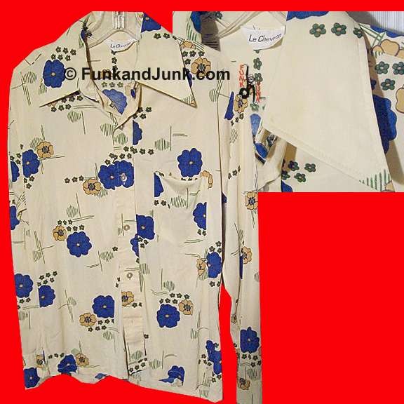 Le Chevron Light Tan with Groups of Large Blue & Gold Flowers with Slash Pattern Long Sleeve Disco Shirt
