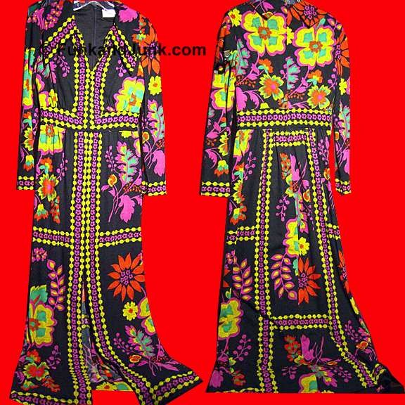 Lillie Rubeir Black Yellow Bead Strand Purple Flower Vertical Horizontal with Large Mod Flowers Slit bottom Full Length Dress