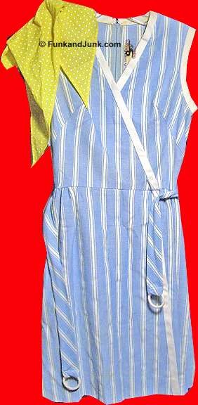 Gay Gibson Dotted Blue & White Striped with White Edging Sleeveless Dress with Matching Belt and Attached Yellow Polka Dot Scarf