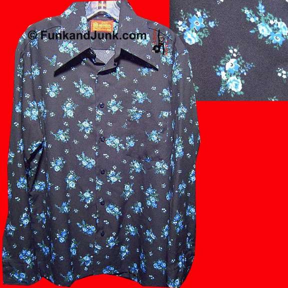 Sears Kings Road Shop "T R" (Trim Regular) Black with Bunches of Blue Flowers Long Sleeve Shirt